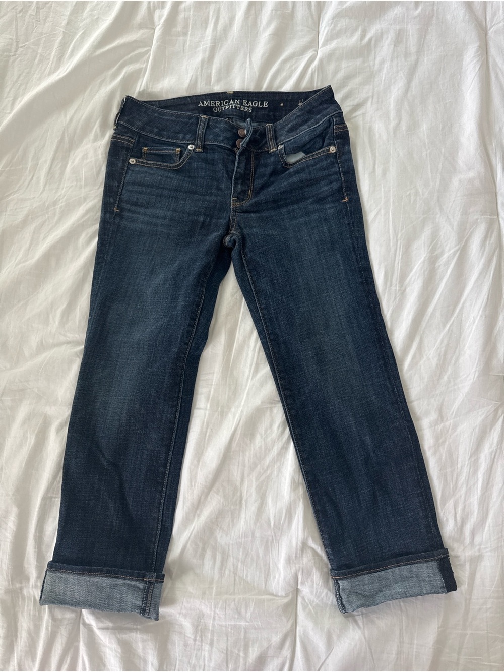 American Eagle Outfitters Dark Blue Boyfriend Jeans with Cuffed Hem